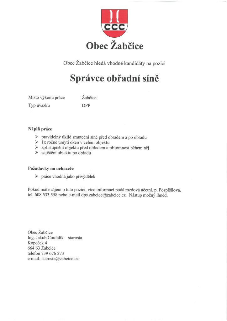 Obec Žabčice hledá správce/správkyni obřadní síně.